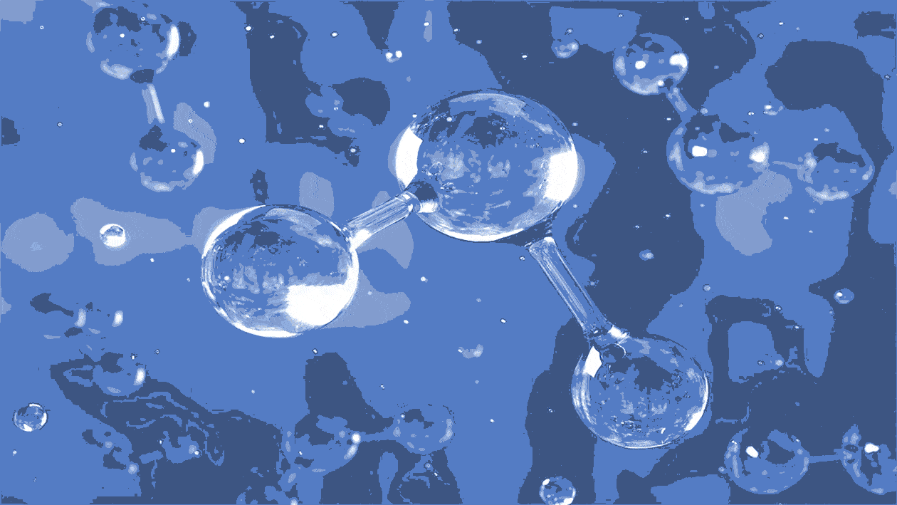 A morphing .gif of molecules ranging from illustration to 3d models in a blue hue.
