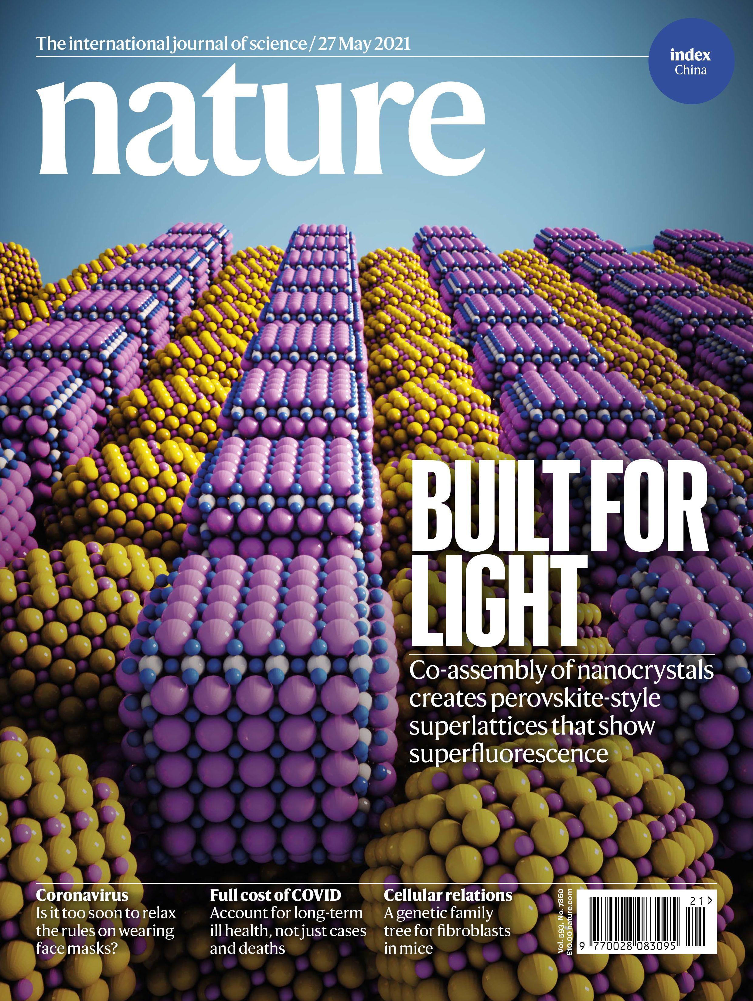 May 27, 2021 issue cover story: "Perovskite-type superlattices from lead-halide perovskite nanocubes" (Credit: Nature)