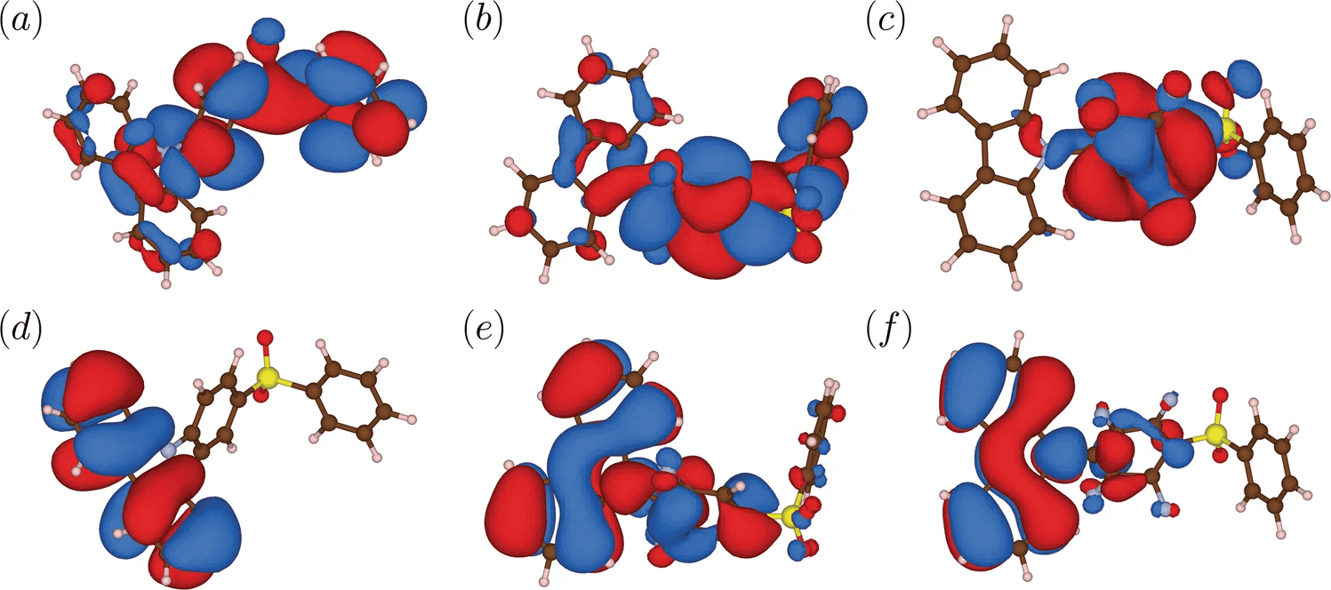Fig 2. HOMO and LUMO orbitals of the triplet state optimized structures of PSPCz, 2F-PSPCz and 4F-PSPCz, respectively.