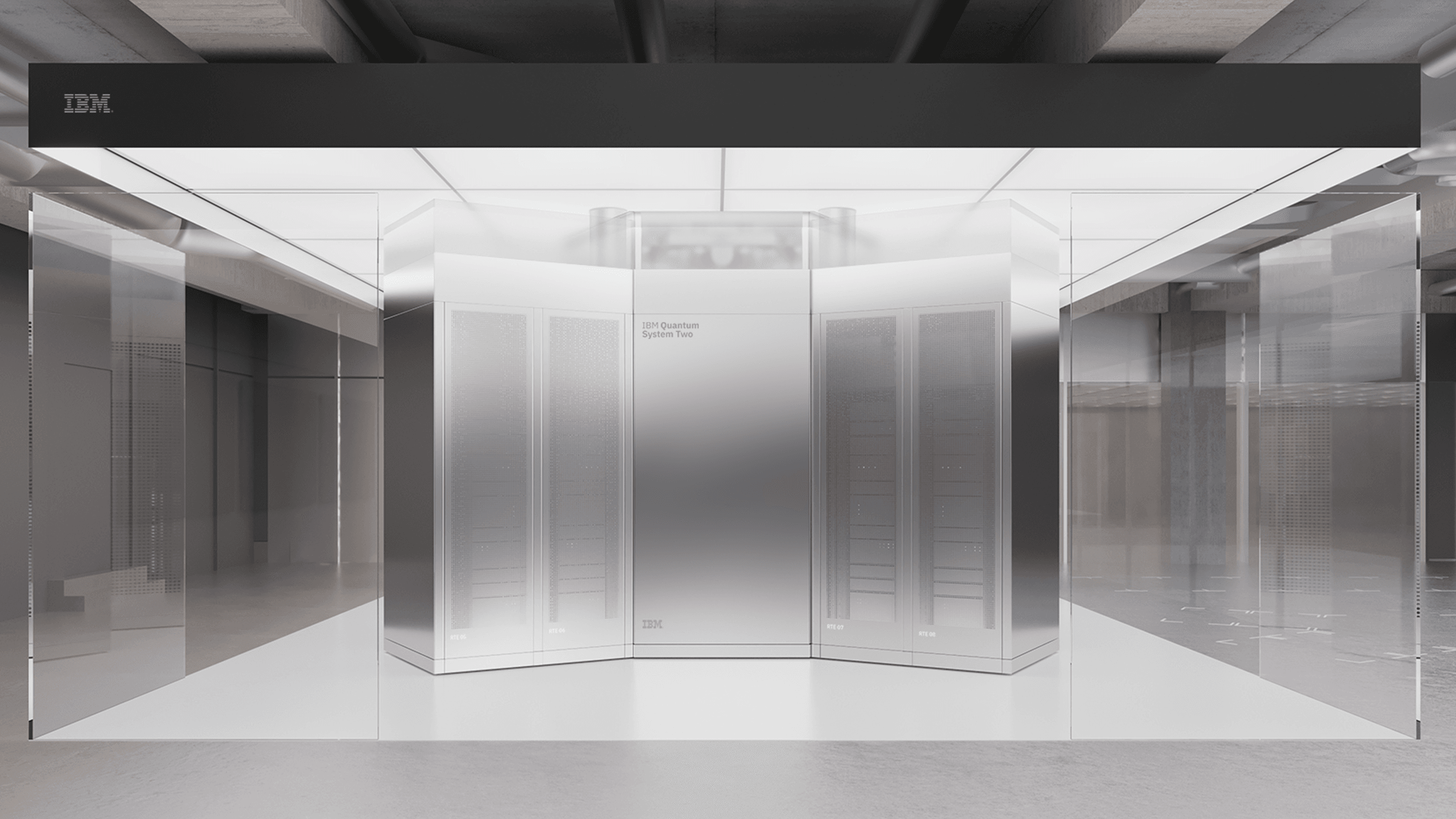 IBM Quantum System Two (rendering) is a system designed to be modular and flexible, combining multiple processors into a single system with communication links.
