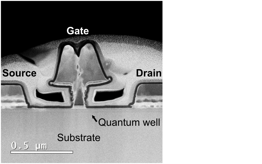 A cross-section transmission electron microscope image of a high-electron-mobility transistor fabricated in the BRNC cleanroom.