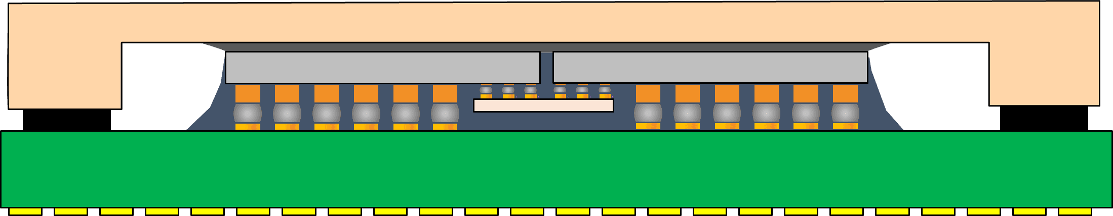 Illustration of a direct-bonded heterogeneous integration (DBHi) silicon bridge package.